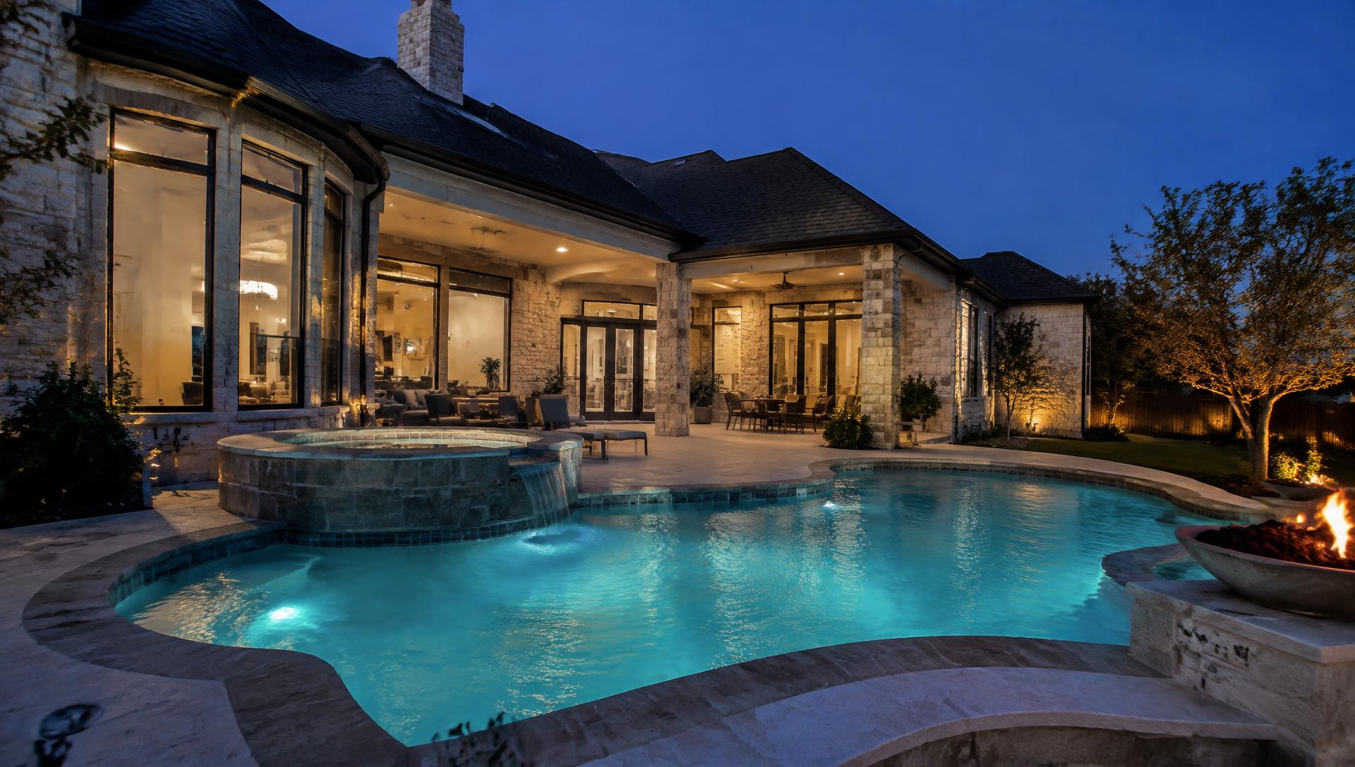 Freeform pool and spa lit at blue hour