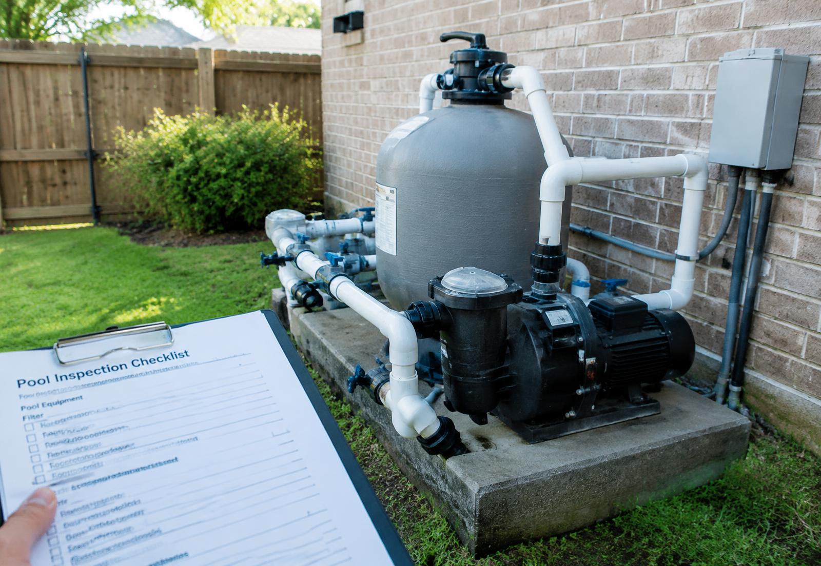Pool equipment pad being reviewed during an inspection